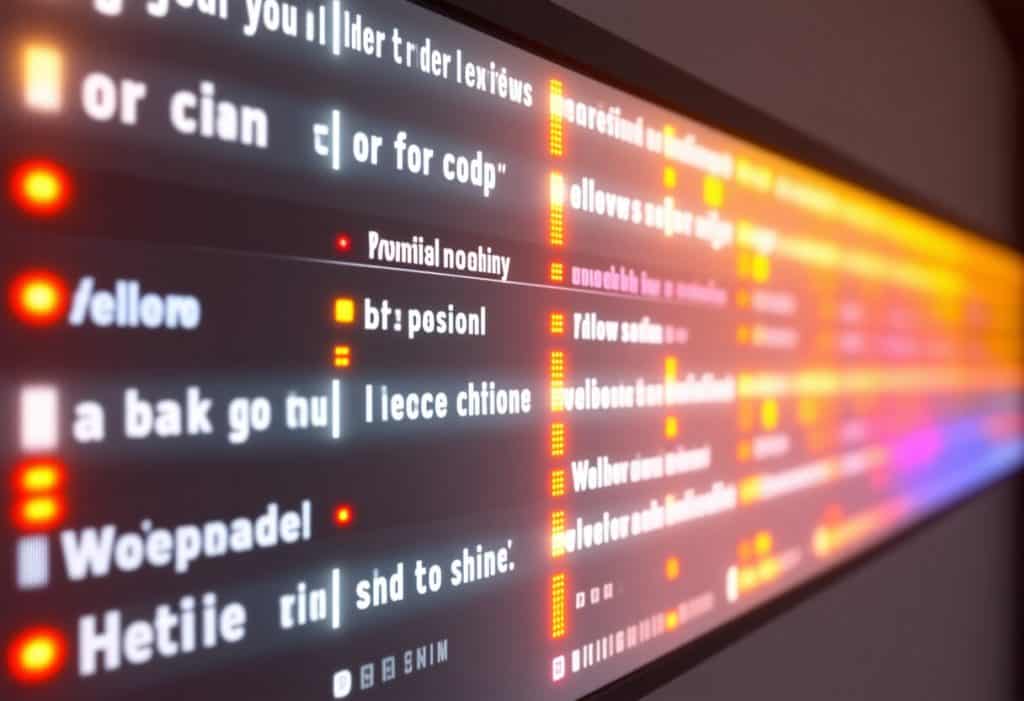 빛나는 텍스트와 코드 조각들이 디지털 화면에 나열된 모습