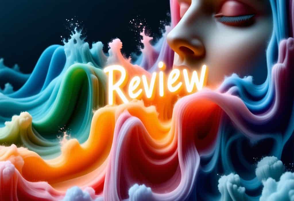 다채로운 색의 파도 속에 ‘Review’ 글자가 빛나는 감각적인 이미지