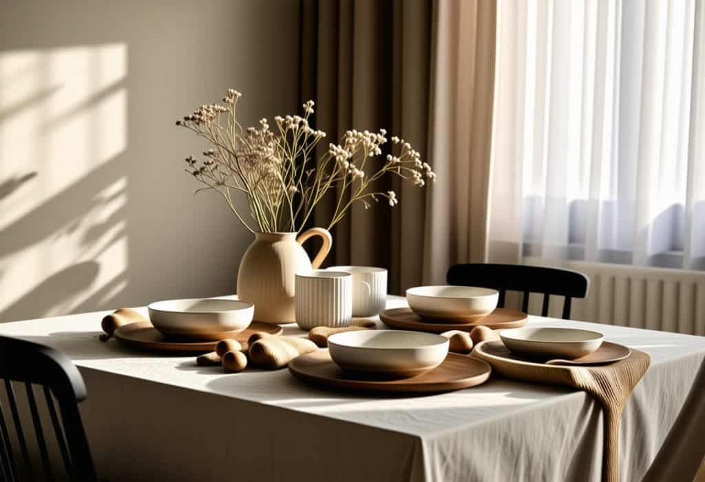 따뜻한 햇살이 비치는 식탁 위에 자연 소재 식기와 드라이플라워가 조화를 이루는 테이블 세팅