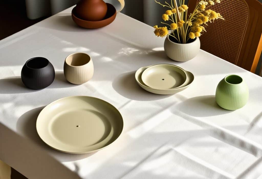 햇살이 비치는 테이블 위에 감각적인 컬러의 식기와 꽃병이 놓인 미니멀한 테이블 세팅