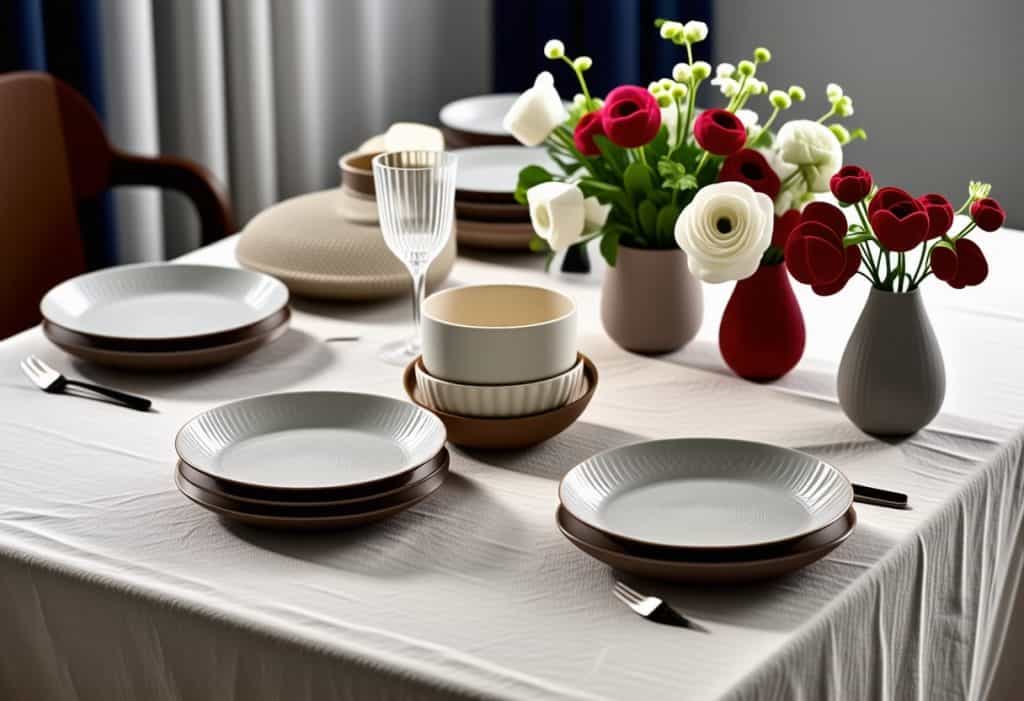 화려한 꽃병과 식기가 조화를 이루는 따뜻한 분위기의 다이닝 테이블