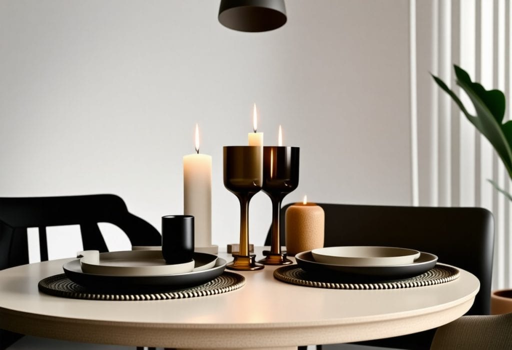 두 사람을 위한 식탁 위에 촛불과 모던한 식기가 놓인 아늑한 테이블 세팅