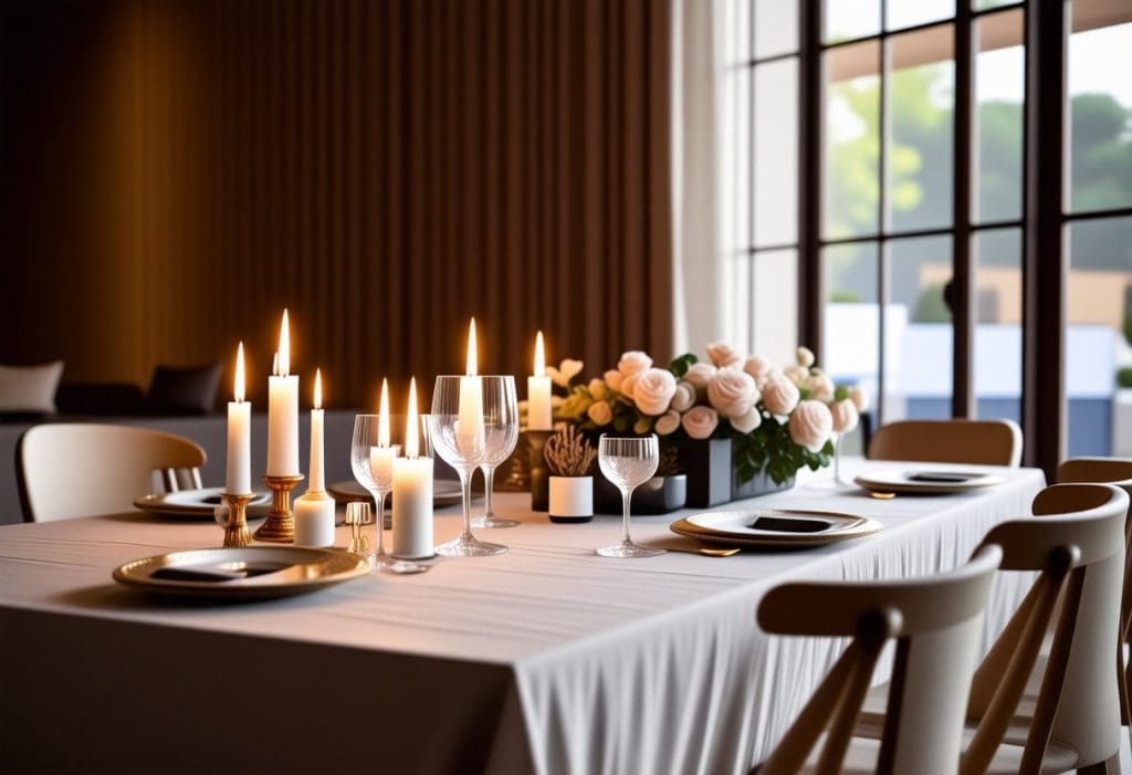 촛불과 와인잔이 어우러진 고급스러운 디너 테이블 세팅
