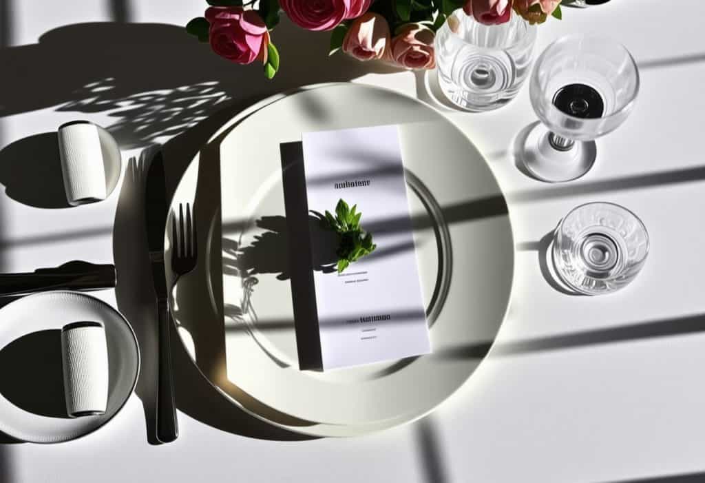 햇살 아래 흰 식탁보 위에 메뉴 카드와 투명 잔이 놓인 세련된 테이블 세팅