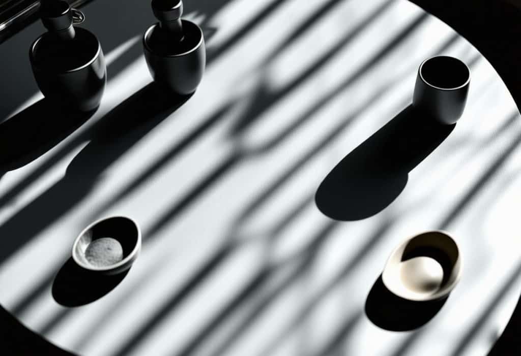 빛과 그림자가 교차하는 공간에서 미니멀한 도자기와 그릇이 놓인 테이블