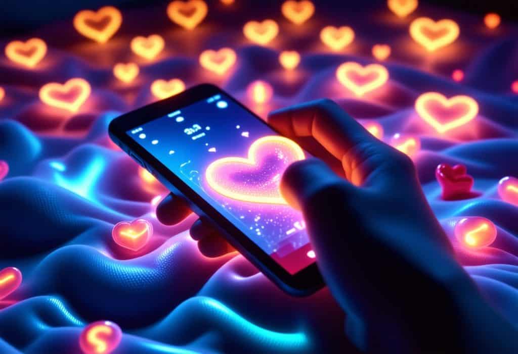 스마트폰 화면 속 하트 아이콘을 터치하는 손과 네온빛 하트들이 퍼지는 장면