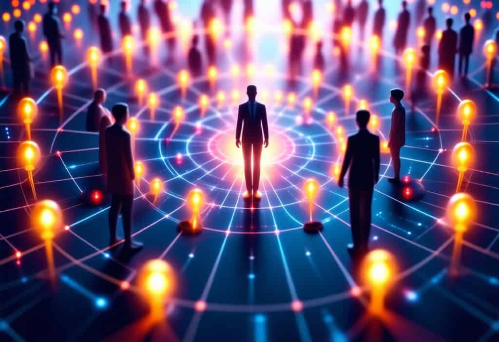 빛으로 연결된 사람들의 실루엣이 원형 네트워크 안에서 중심을 향하는 장면