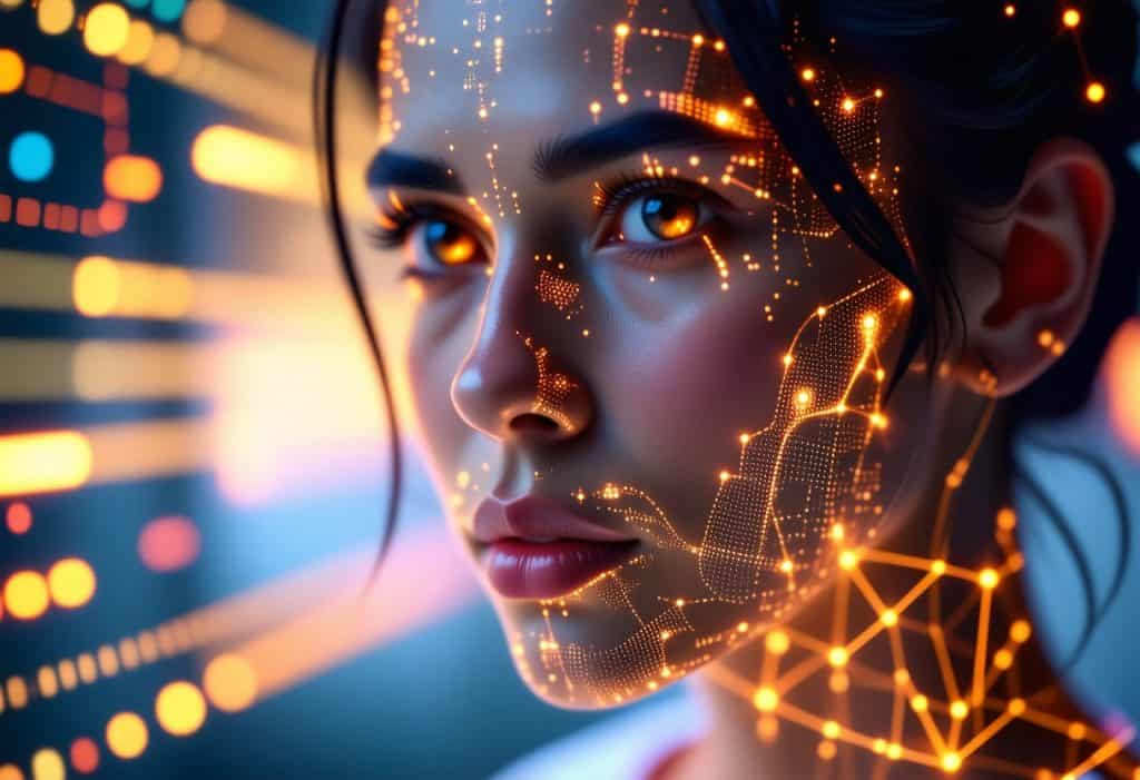 얼굴 위에 빛의 네트워크가 비치는 여성의 정면 초상화