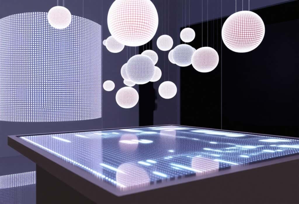 빛나는 구 형태의 조명이 떠 있는 미래형 디지털 전시 공간