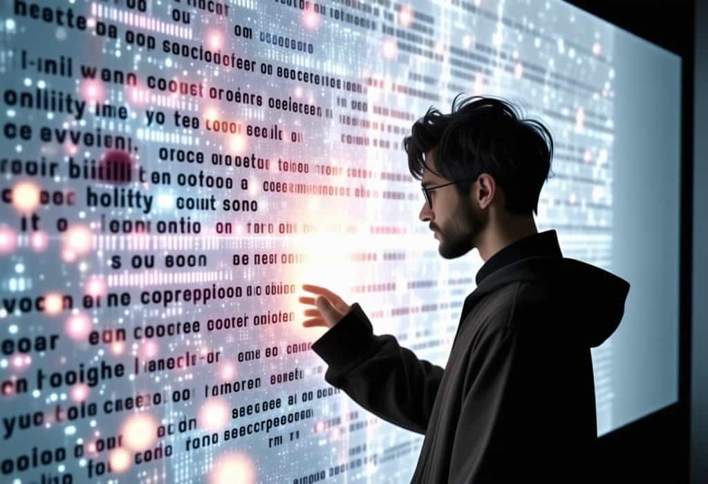 대형 데이터 화면을 바라보며 손으로 정보를 탐색하는 남성의 모습