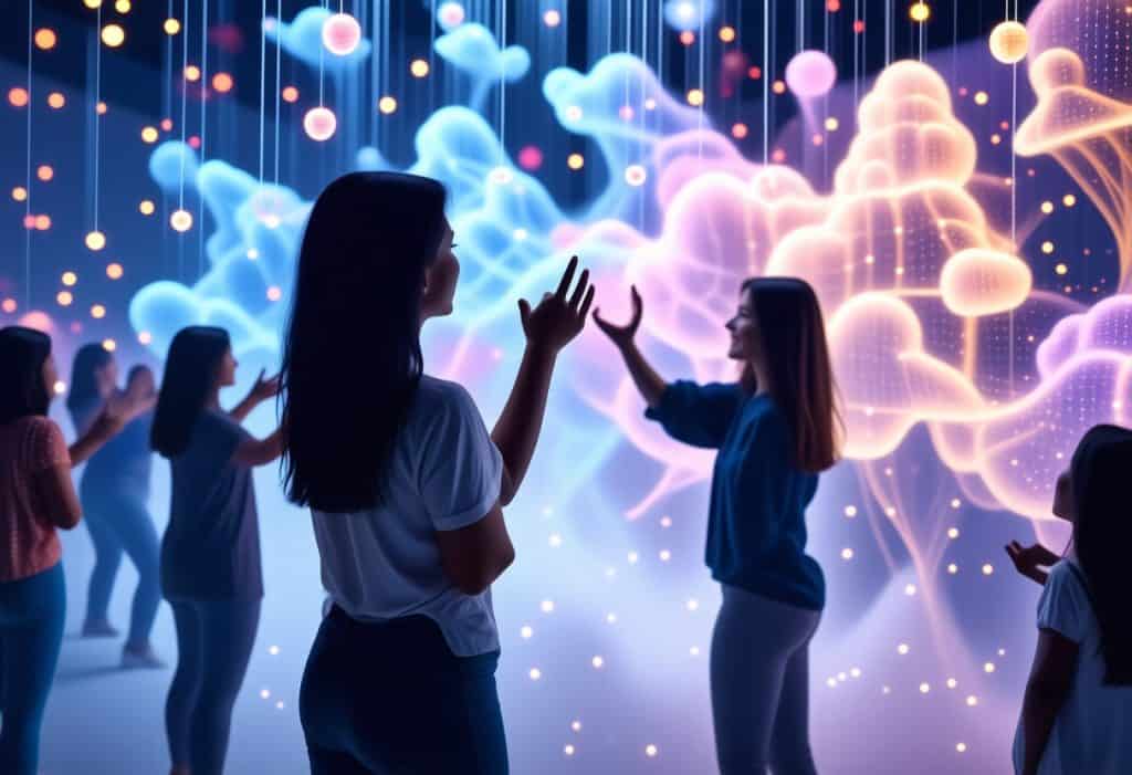 사람들이 빛과 입자로 구성된 디지털 예술 공간을 체험하는 몰입형 전시 장면