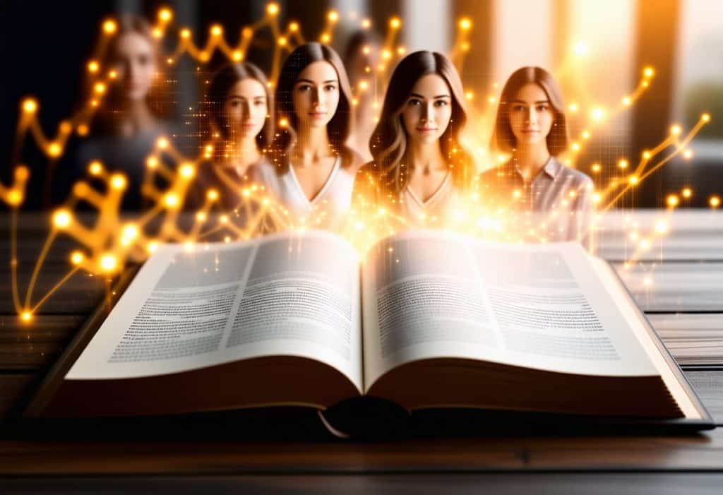 열린 책 위로 여성 인물들이 빛의 연결망 속에서 떠오르는 상징적인 장면