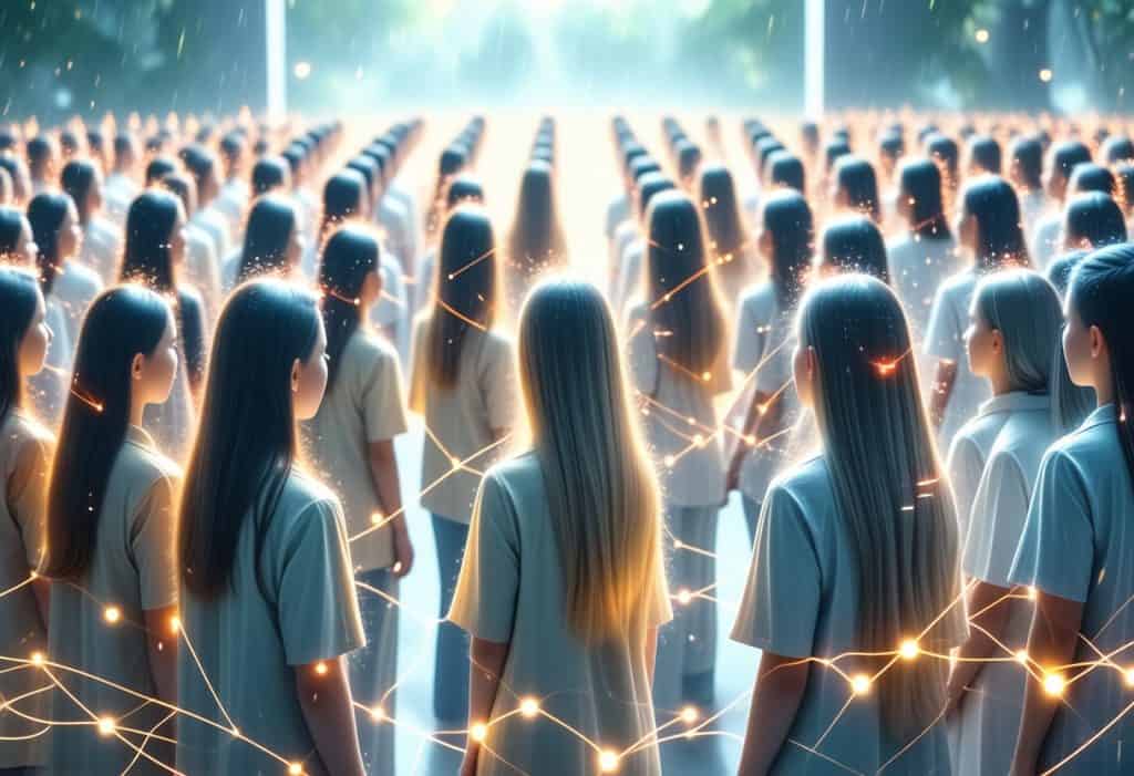 수많은 인물이 네트워크 빛줄기로 연결되어 집단적으로 서 있는 미래적 장면