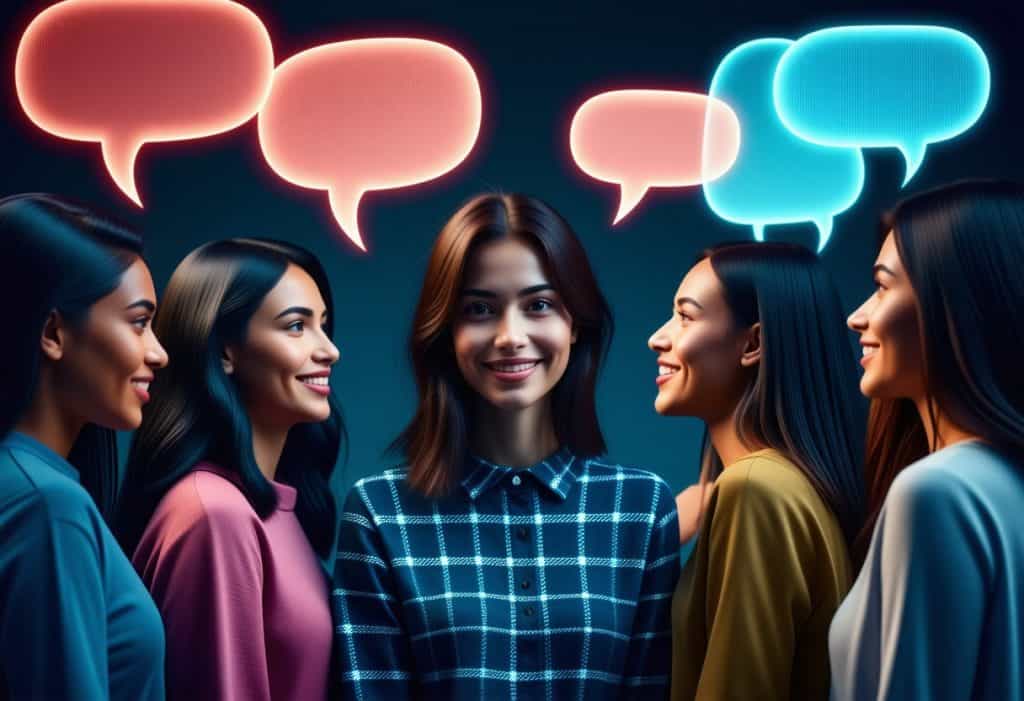 대화를 나누는 다섯 명의 여성이 말풍선과 함께 밝게 웃고 있는 장면